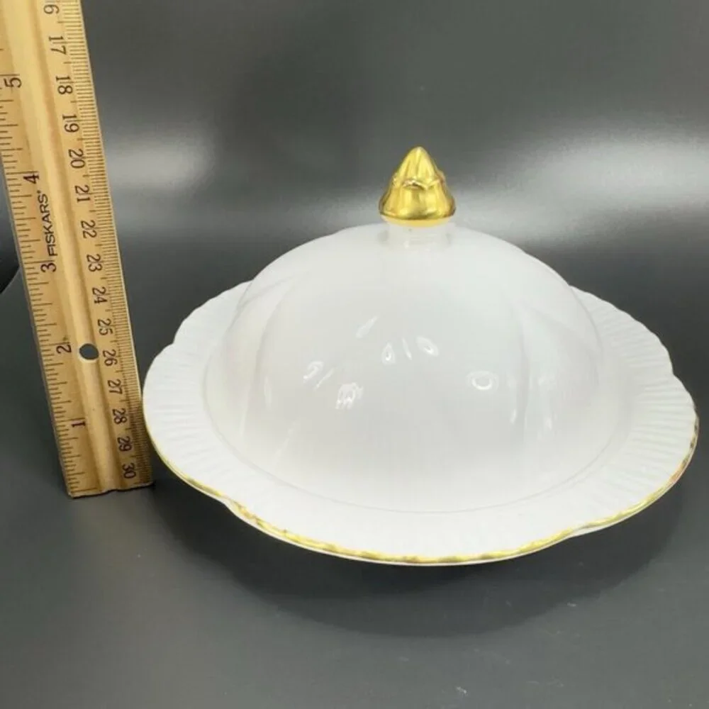 Shelley Bone China Covered Butter Dish England White With Gold Accents‎ Vintage